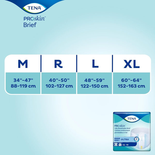 TENA ProSkin Brief size chart on a light blue background - okotoks hc pharmacy