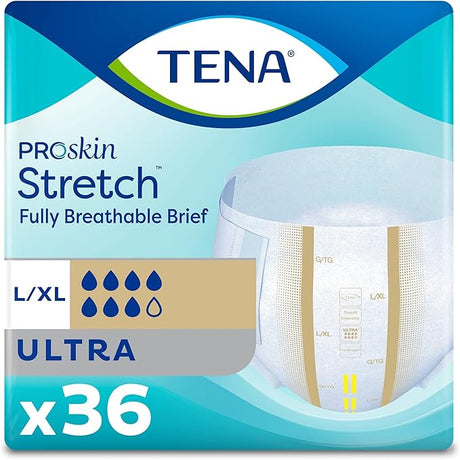 TENA Proskin Stretch fully breathable brief packaging with product image and branding. - okotoks hc pharmacy