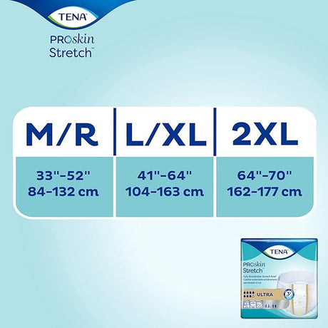 TENA ProSkin Stretch product packaging with size chart on a light blue background - okotoks hc pharmacy