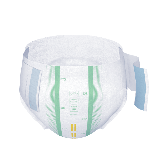 White incontinence product with green and blue accents on a white background - okotoks hc pharmacy