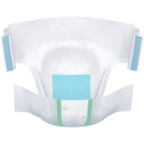 White diaper with blue and green accents on a white background - okotoks hc pharmacy