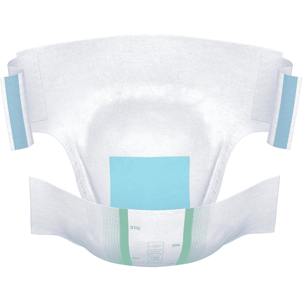 White diaper with blue and green accents on a white background - okotoks hc pharmacy