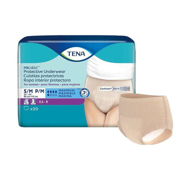 TENA protective underwear packaging with a model wearing the product on a white background - okotoks hc pharmacy