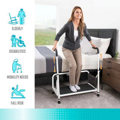 Woman using a bed rail with icons indicating its use for elderly, disabilities, mobility needs, and fall risk. - okotoks hc pharmacy