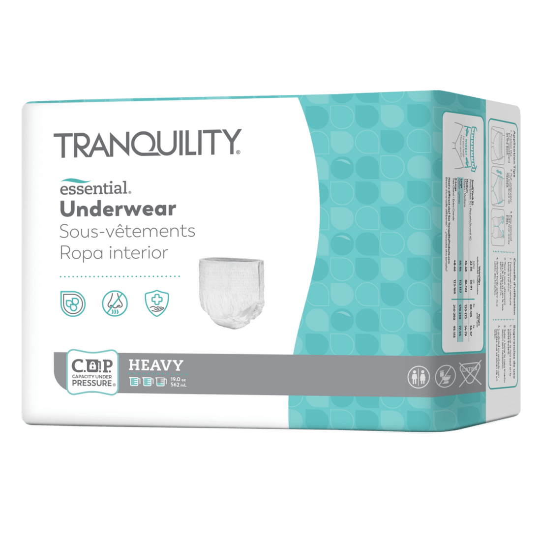 A package of Tranquility Essential Underwear Heavy in size 24, featuring a white and teal box with product details and icons. - okotoks hc pharmacy