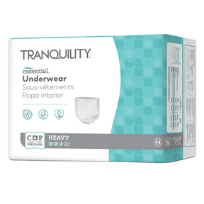 A package of Tranquility Essential Underwear Heavy in size 24, featuring a white and teal box with product details and icons. - okotoks hc pharmacy