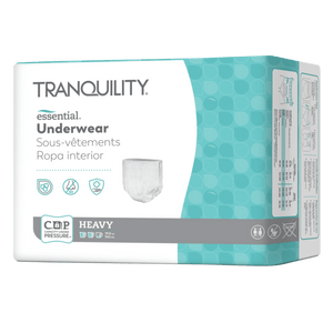 A package of Tranquility Essential Underwear Heavy in size 24, featuring a white and teal box with product details and icons. - okotoks hc pharmacy