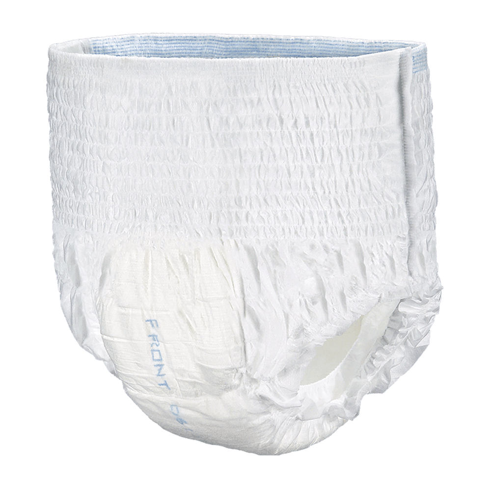 A white disposable diaper with a textured, elasticized waistband and leg openings, featuring the word 'FRONT' printed in light blue on the front, set against a solid black background. - okotoks hc pharmacy