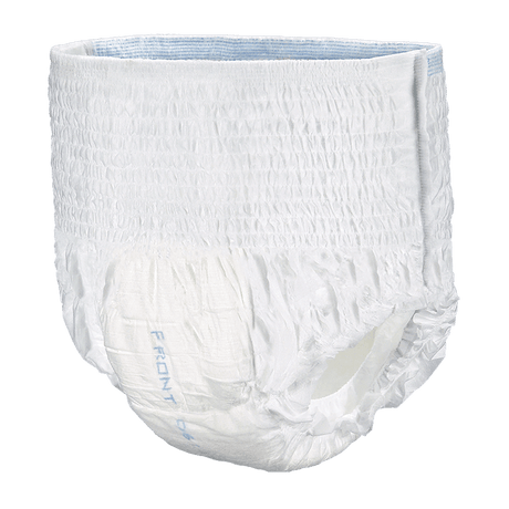 A white disposable diaper with a textured, elasticized waistband and leg openings, featuring the word 'FRONT' printed in light blue on the front, set against a solid black background. - okotoks hc pharmacy