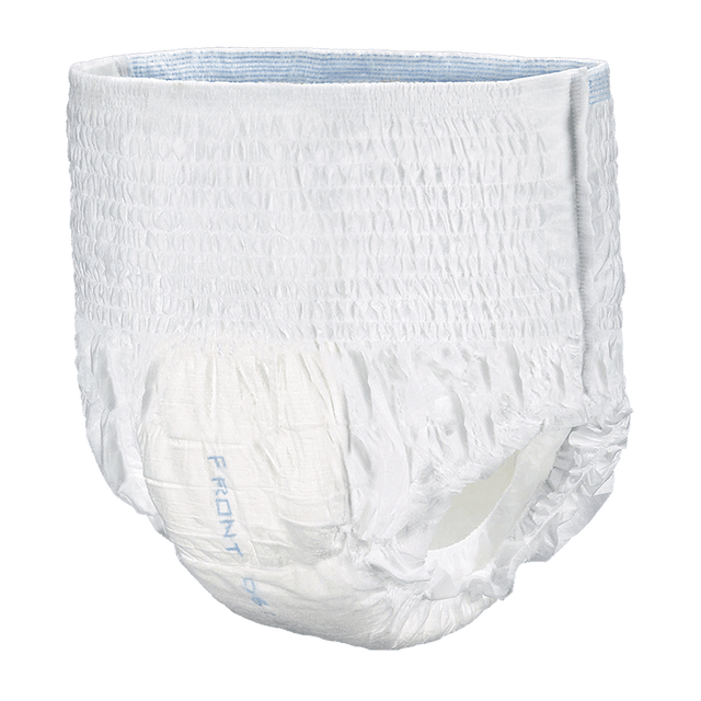 A white disposable diaper with a textured, elasticized waistband and leg openings, featuring the word 'FRONT' printed in light blue on the front, set against a solid black background. - okotoks hc pharmacy