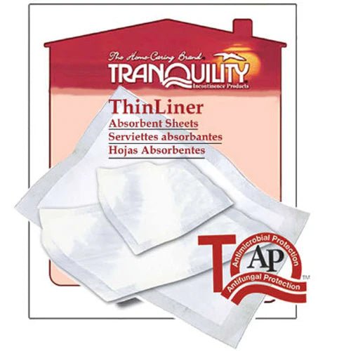 Pack of Tranquility ThinLiner absorbent sheets with packaging on a white background - okotoks hc pharmacy