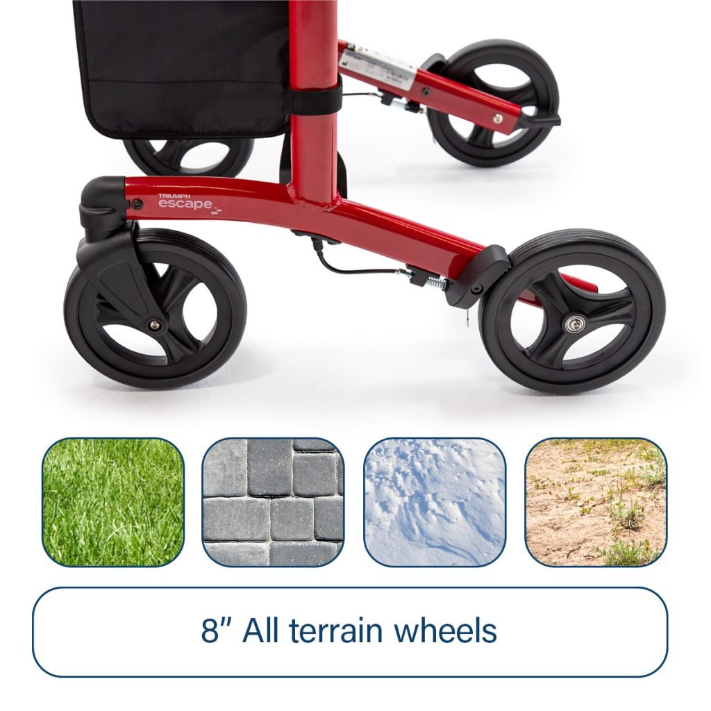 Red rollator with 8-inch all-terrain wheels on a white background, showing suitability for various terrains. - okotoks hc pharmacy