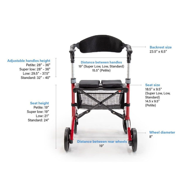 Measurement chart of a walker with various dimensions labeled - okotoks hc pharmacy