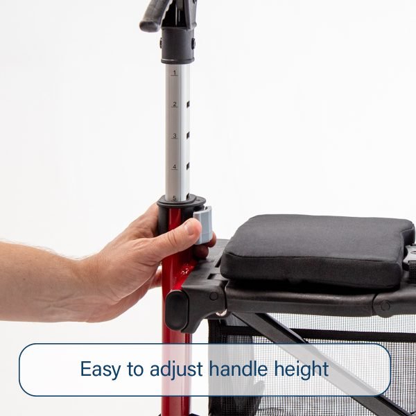 Hand adjusting the handle height of a mobility scooter with text 'Easy to adjust handle height'. - okotoks hc pharmacy