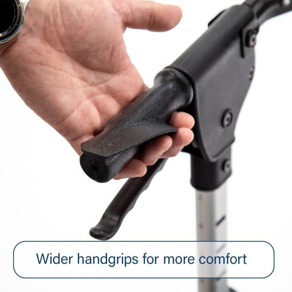 Hand holding a black handle with text 'Wider handgrips for more comfort' on a white background - okotoks hc pharmacy