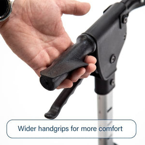 Hand holding a black handle with text 'Wider handgrips for more comfort' on a white background - okotoks hc pharmacy