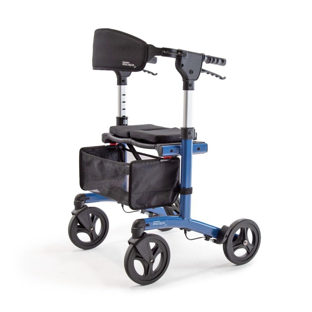 Blue and black walker with wheels on a white background - okotoks hc pharmacy