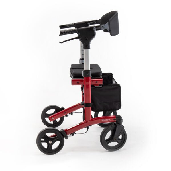 Red rollator with black seat and bag on a white background - okotoks hc pharmacy