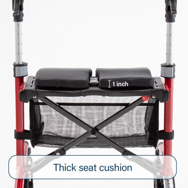 Red walker with thick seat cushion and 1-inch height label on a white background - okotoks hc pharmacy