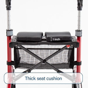 Red walker with thick seat cushion and 1-inch height label on a white background - okotoks hc pharmacy