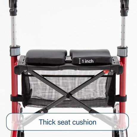 Red walker with thick seat cushion and 1-inch height label on a white background - okotoks hc pharmacy