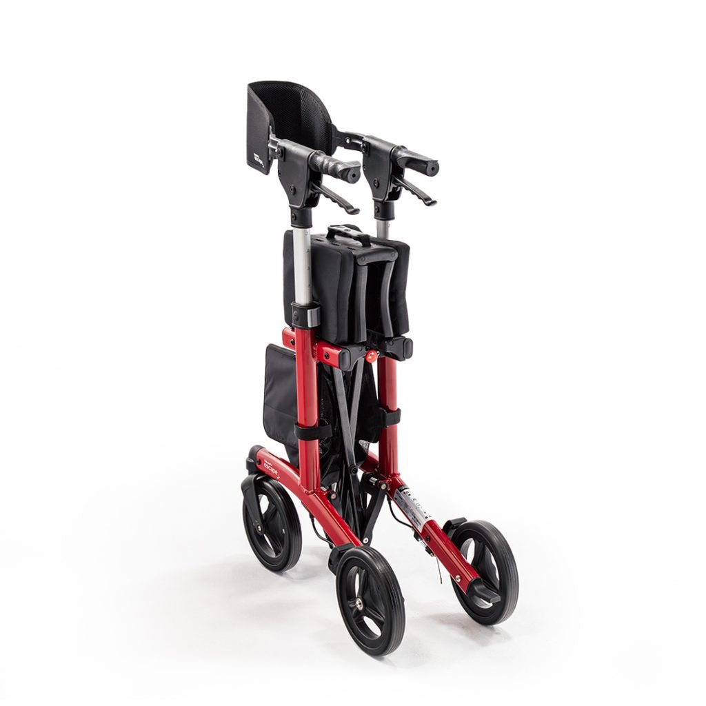Red and black rollator on a white background - okotoks hc pharmacy