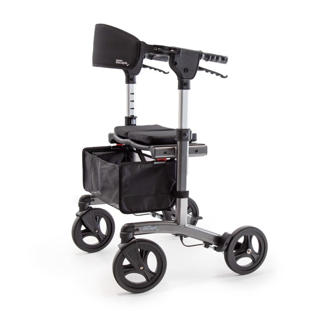 Black and gray mobility scooter with basket on a white background - okotoks hc pharmacy