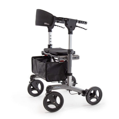 Black and gray mobility scooter with basket on a white background - okotoks hc pharmacy