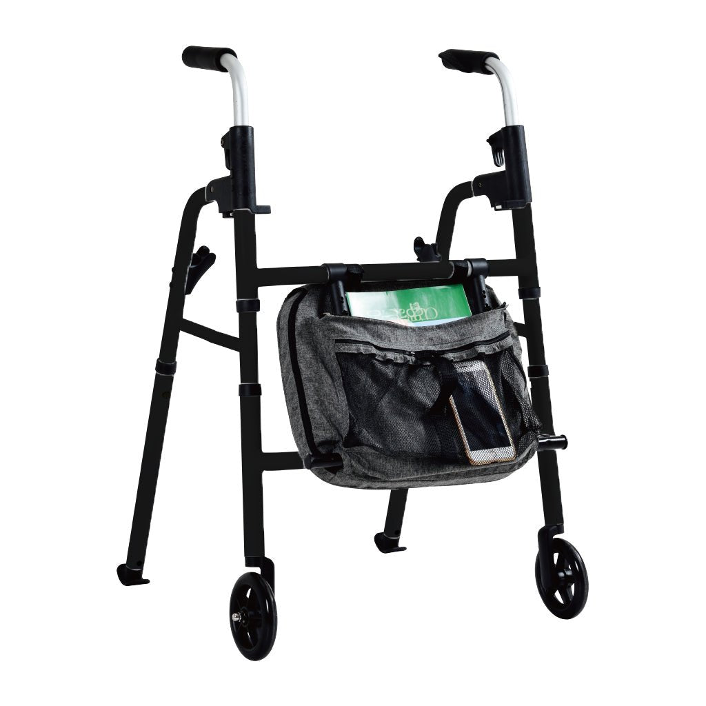 Black walker with a gray bag attached on a white background - okotoks hc pharmacy