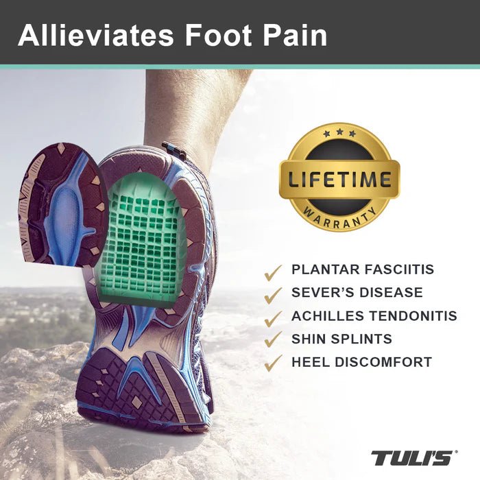 Tuli's foot pain relief device with a lifetime warranty badge and list of conditions it alleviates. - okotoks hc pharmacy