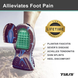Tuli's foot pain relief device with a lifetime warranty badge and list of conditions it alleviates. - okotoks hc pharmacy