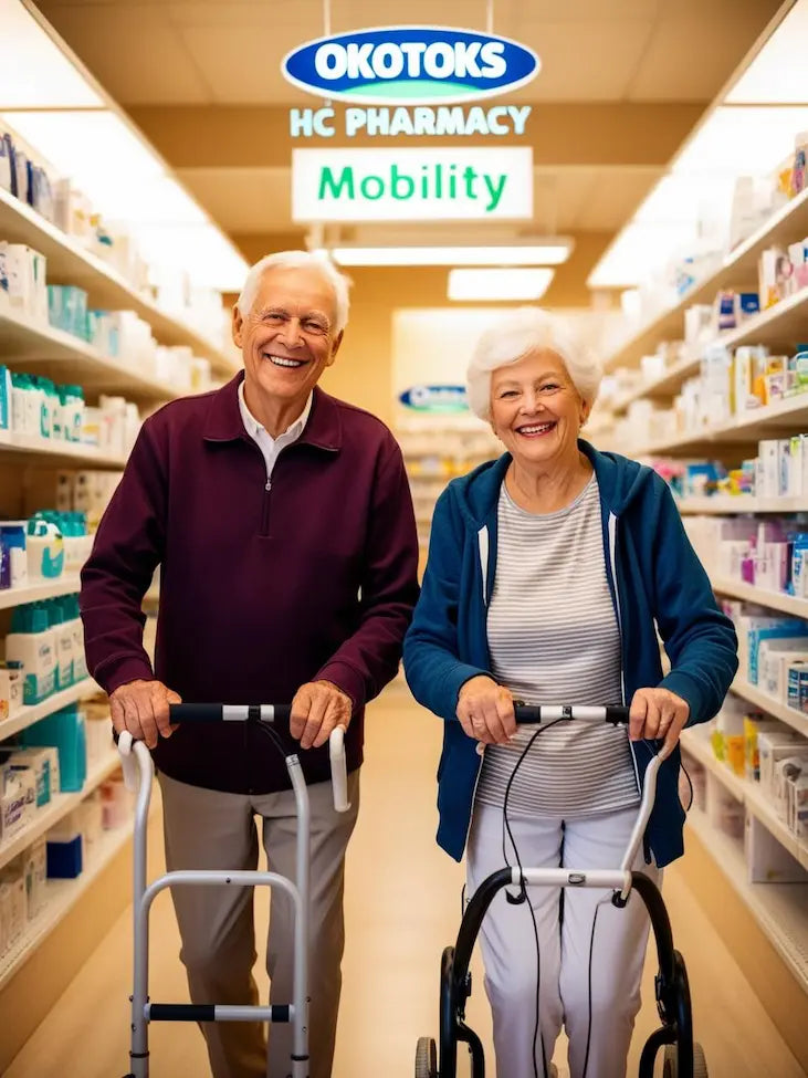 Two seniors browsing mobility products at Okotoks HC pharmacy 

