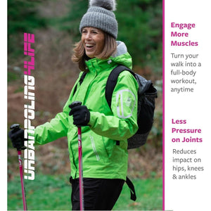 Woman in green jacket with walking poles, surrounded by nature. - okotoks hc pharmacy