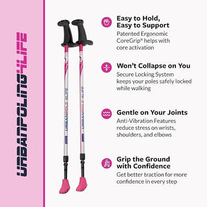 Two pink hiking poles with Urban Pole Life branding on a pink and white background. - okotoks hc pharmacy