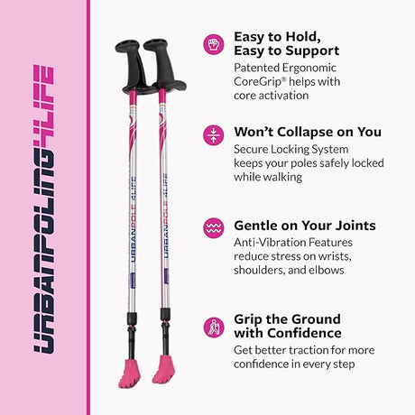 Two pink hiking poles with Urban Pole Life branding on a pink and white background. - okotoks hc pharmacy