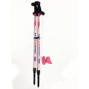 Two pink and black hiking poles with protective caps on a white background - okotoks hc pharmacy