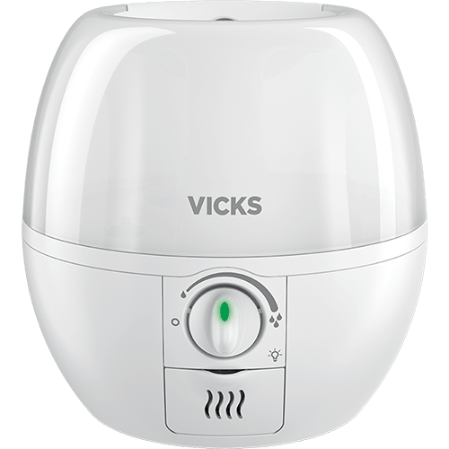 A white Vicks humidifier with a rounded, dome-like top and a control dial on the front, shown against a plain white background. - okotoks hc pharmacy