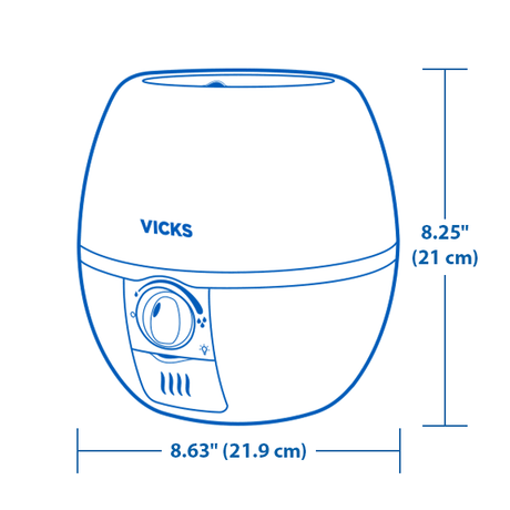 Blue line drawing of a Vicks humidifier with dimension labels showing 8.25 inches tall and 8. - okotoks hc pharmacy