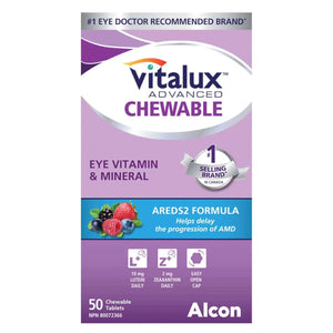 Vitalux Advanced Chewable Eye Vitamin & Mineral supplement packaging on a white background - okotoks hc pharmacy