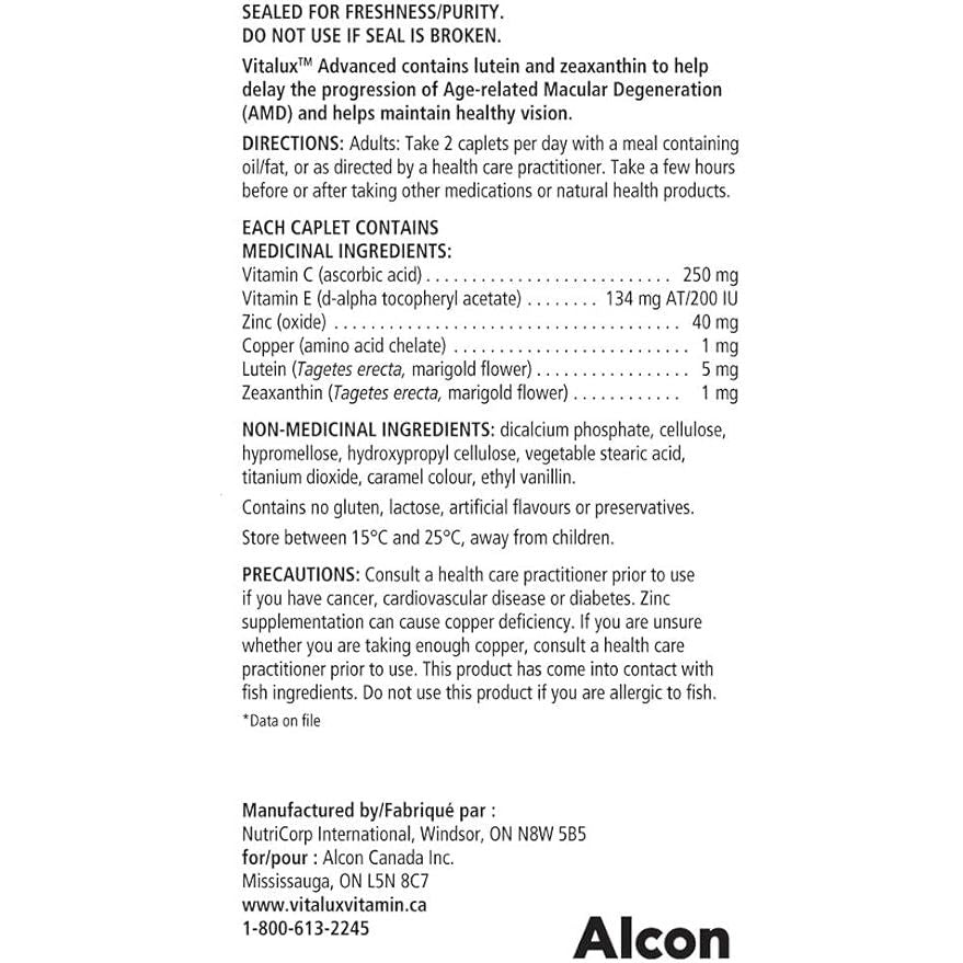 Vitalux eye health supplement label with directions and ingredients on a white background - okotoks hc pharmacy