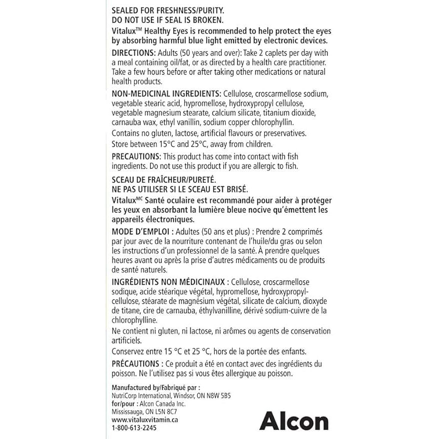 Vitalux Healthy Eyes Ocular Multivitamin - 60 Coated Tablets product label with text and branding. - okotoks hc pharmacy