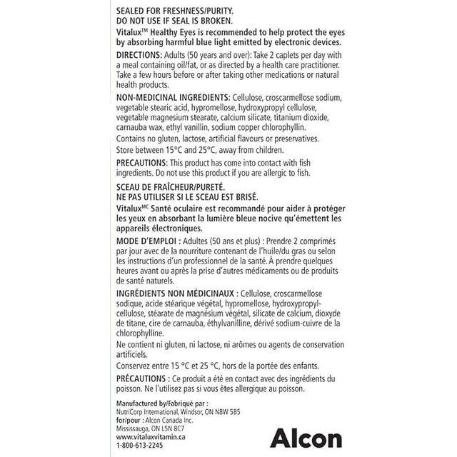Vitalux Healthy Eyes Ocular Multivitamin - 60 Coated Tablets product label with text and branding. - okotoks hc pharmacy