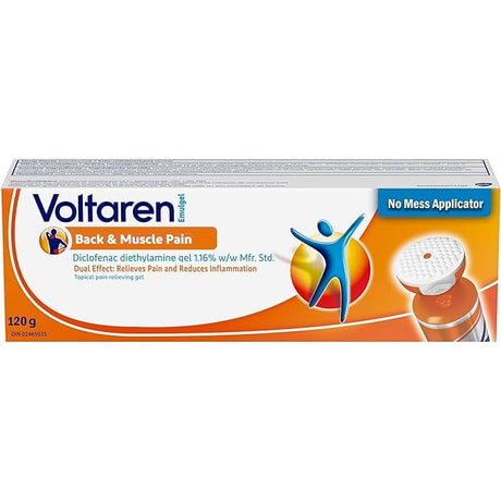 Voltaren gel packaging for back and muscle pain relief with applicator - Okotoks HC Pharmacy