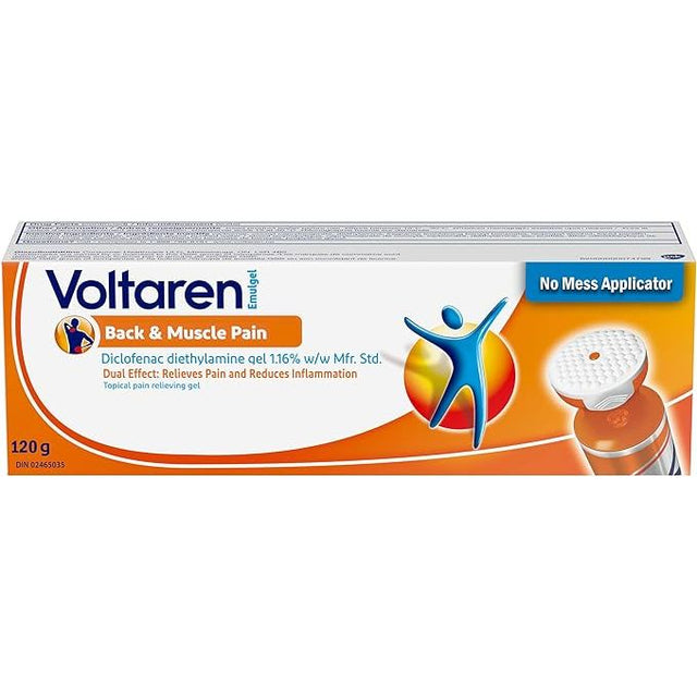 Voltaren gel packaging for back and muscle pain relief with applicator - Okotoks HC Pharmacy