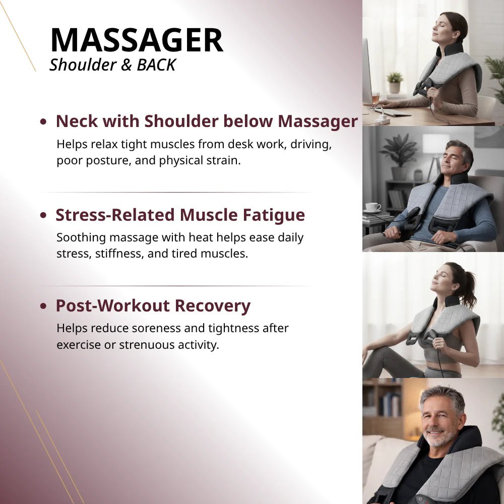 Advertisement for a shoulder and back massager with usage scenarios and benefits. - okotoks hc pharmacy