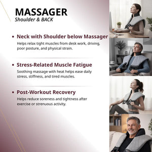 Advertisement for a shoulder and back massager with usage scenarios and benefits. - okotoks hc pharmacy