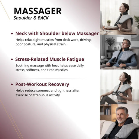 Advertisement for a shoulder and back massager with usage scenarios and benefits. - okotoks hc pharmacy