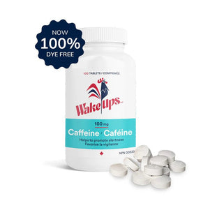 Wake-ups caffeine tablets with a container on a white background - okotoks hc pharmacy