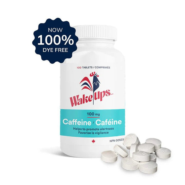 Wake-ups caffeine tablets with a container on a white background - okotoks hc pharmacy