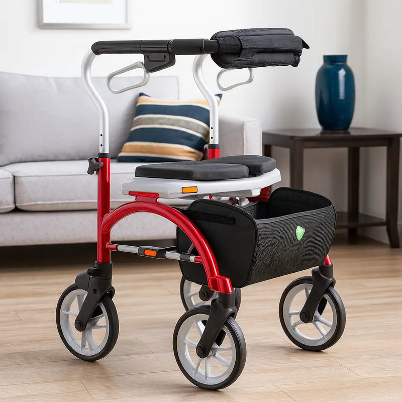 Red and black walker with a seat in a living room setting